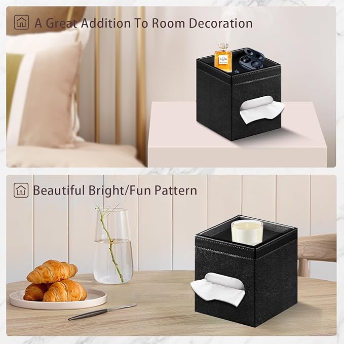 PU Leather Square Tissue Box Cover with Storage Tray - Decorative Organizer for Bathroom Vanity, Night Stands, Office Desk, Bedroom Countertop | Stylish Tissue Holder for Home & Office Décor