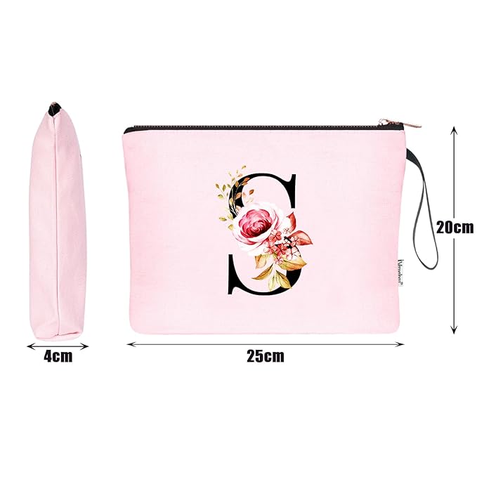 Vavabox A-Z Personalized Makeup Bag, Birthday Gifts for Women Mom, Gifts for Best Friend, Bride Bridesmaid Cosmetic bag (S, Pink)