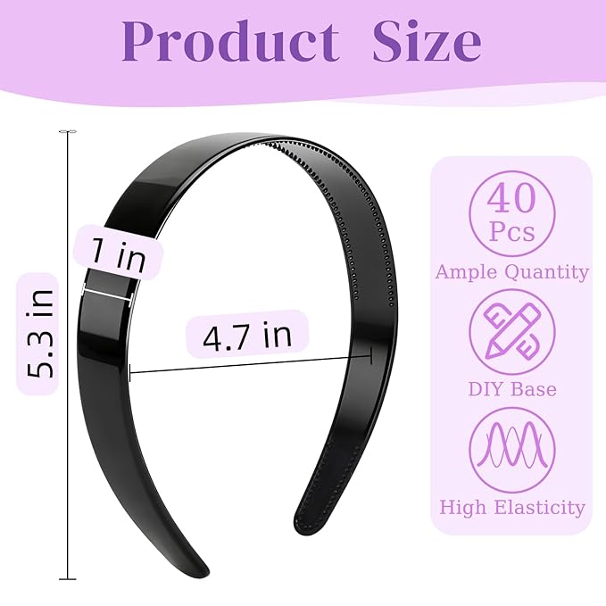 SOUJOY 40 Pcs Black Plastic Headbands, 1 Inch Plain Headbands for Crafts, Headband with Teeth for Women Girls, DIY hair accessories for Halloween Christmas Holiday Party Celebration