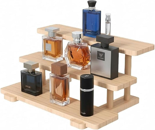 AIM & GGKK 3 Tier Wooden Perfume Organizer Display Stand – Rustic Perfume Rack for Vanity,Cupcake Dessert Display Risers,Cologne Holder Organizer for Men & Women,Fragrance Shelf for Bathroom & Bedroom