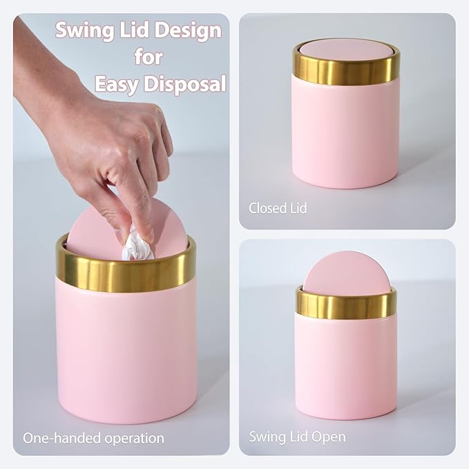 Mini Trash Can with Lid, 1.5 Liter / 0.4 Gallon Small Metal Desk Garbage Bin for Countertop, Coffee Bar, Vanity – Pink