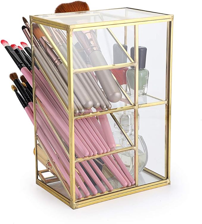Hipiwe Vintage Gold Metal Desk Organizer - Glass Make up Brushes lipstick Holder Dresser Organizer Pen Pencil Storage Holder for Home Office Supplies (6 Compartment)