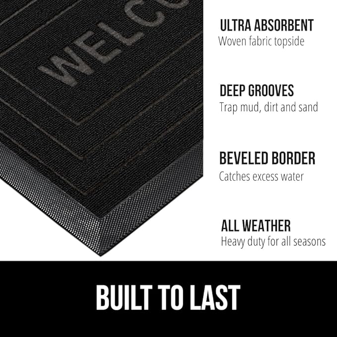 GORILLA GRIP 100% Waterproof All-Season WeatherMAX Doormat, 47x35, US Designed Natural Rubber, Stain and Fade Resistant, Low Profile Indoor Outdoor Door Mats, Easy Clean Patio Mat, Black Welcome