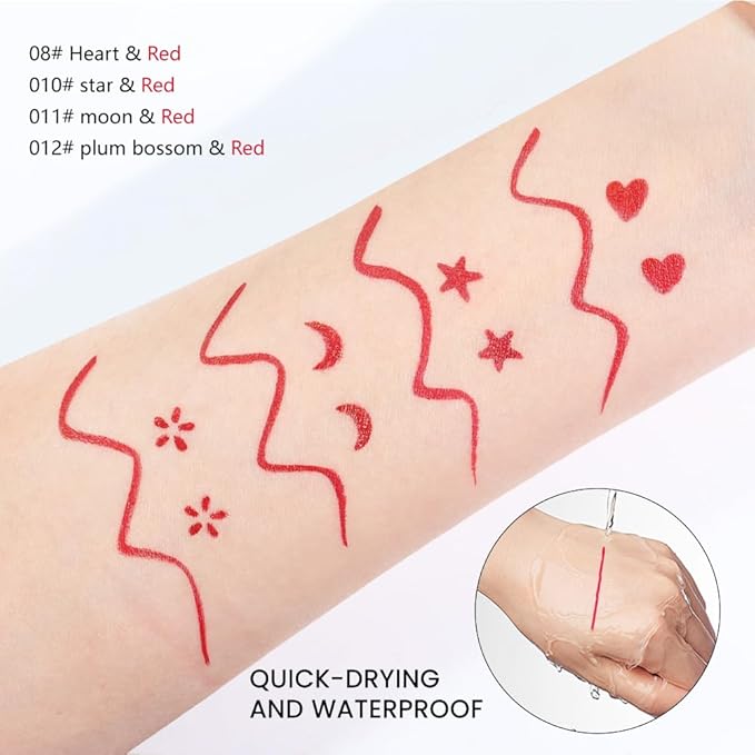 evpct Red Winged Eyeliners Stamp, 4 in 1 Stars Flowers Hearts Moon Face Makeup Stamp Set Eye Liners for Women, Red Liquid Eyeliner Long Lasting Waterproof Colorful Set, Colorful Eye Wingliner Shapes