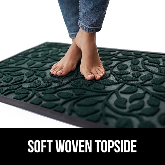 GORILLA GRIP 100% Waterproof All-Season WeatherMAX Doormat, US Designed Natural Rubber, Stain and Fade Resistant, Low Profile Indoor Outdoor Door Mats, Easy Clean Patio Mat, 17x29, Moss Vine Leaves