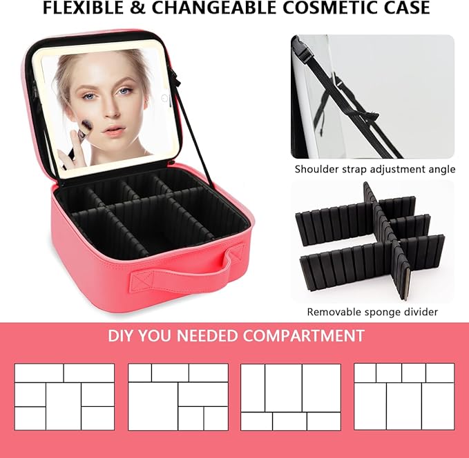 Travel Makeup Bag for Women and Makeup Artists Cosmetic Organizer Large Makeup Case,Travel Makeup Bag with Mirror 3 Color Setting,Portable Storage and Adjustable Dividers(light red)