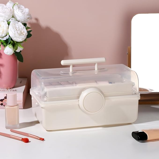 RAMFIYN Makeup Storage, Pink Tackle box for Women with Handle. Cosmetic Storage Box Organizer, Portable 3 Layers Makeup Case for Home