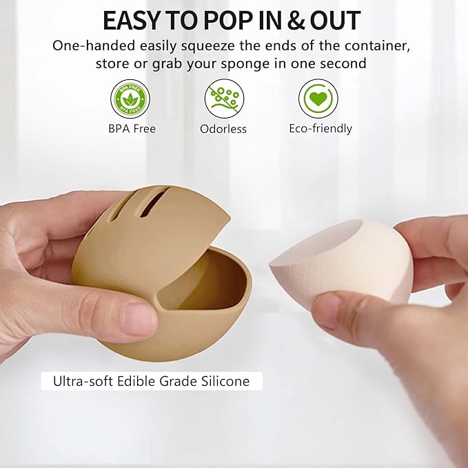 1 Pcs Makeup Sponge Holder,Double-Sided Breathable Silicone Beauty Blender Holder for Travel or Daily,Shatterproof Make-up Travel Case Quick Drying Easy to Carry,Khaki01
