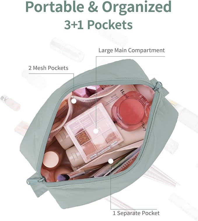 Narwey Makeup Bag Women Girls, Travel Toiletry Bag for Women, Puffy Cute Cosmetic Bag Organizer Make up Bag with Compartments (Sage Green)