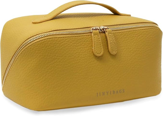 JINYIBAGS Travel Makeup Bag – Large Cosmetic Organizer with Waterproof PU Leather, Smooth Double Zipper & Tear-Resistant Lining, Toiletry Pouch for Women (Yellow)