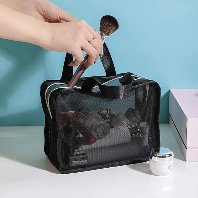 Mesh Cosmetic Bag 3 Pieces Mesh Makeup Bags Zipper Pouch Travel Cosmetic Organizer Toiletry Bag