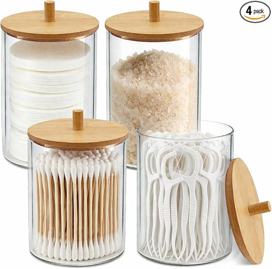 Glass Qtip Holder Dispenser Set - 10oz Cotton Swab Holder with Bamboo Lids, Bathroom Canisters Apothecary Jar Vanity Storage Organizer for Cotton Balls Pads, Floss Picks (4 Pack)