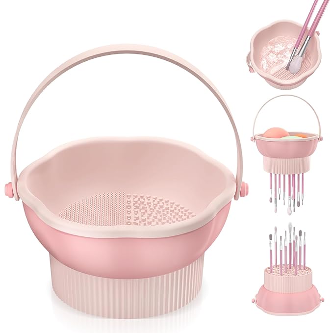 senbowe 3 in 1 Makeup Brush Cleaner Mat, Silicone Makeup Brush Cleaner Bowl Cosmetic Brushes Cleaning Pad Tool Organizer for Storage and Air Drying, Make Up Brush Washing Tool for Sponge