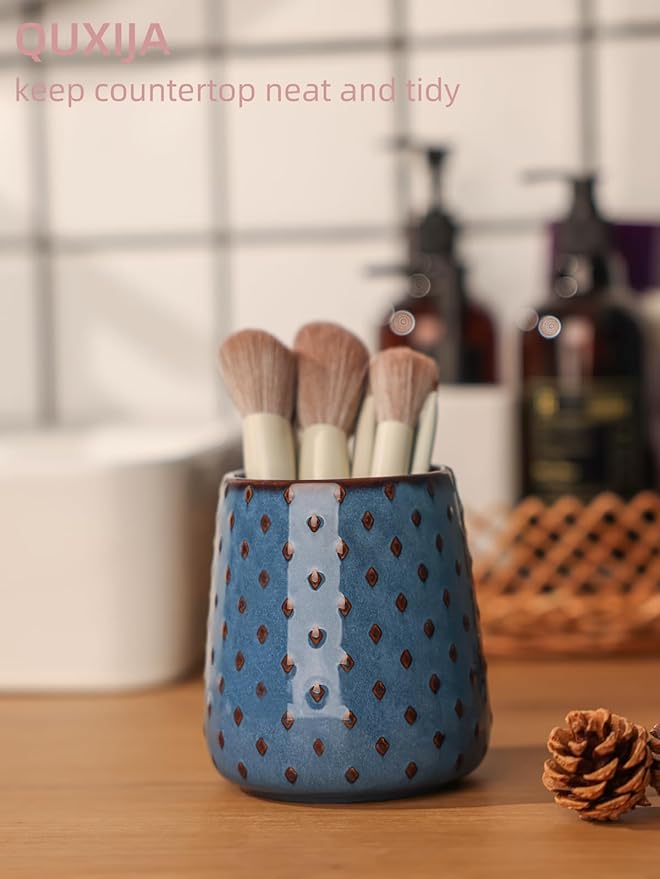 QUXIJA Ceramic Makeup Brush Holders, Farmhouse Bathroom Vanity and Countertop, Brushes Cup for Bathroom Cosmetics, Lipsticks, Vanity Desktop Storage (Vintage Blue)