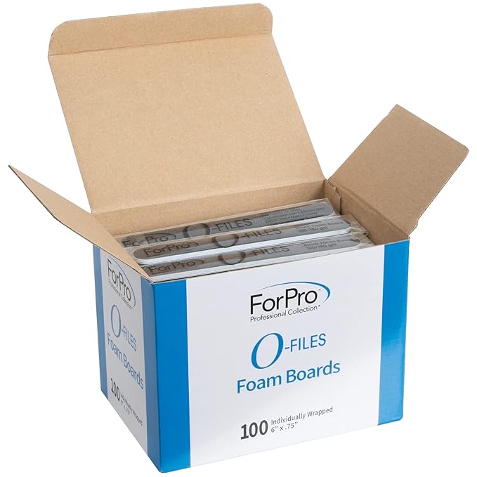 ForPro Professional Collection O-Files Foam Board, Double-Sided Manicure Nail File, 180/400 Grit, Individually-Wrapped, 6” L x .75” W, Black, 100-Count