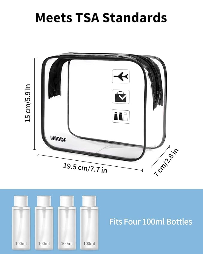 WANDF TSA Approved Toiletry Bag, 2 Packs Travel Clear Toiletry Bag, Quart Size Makeup Cosmetic Pouch with Zipper, Carry-On Airport Compliant Bag for Women and Men(2 pcs, Black+White)