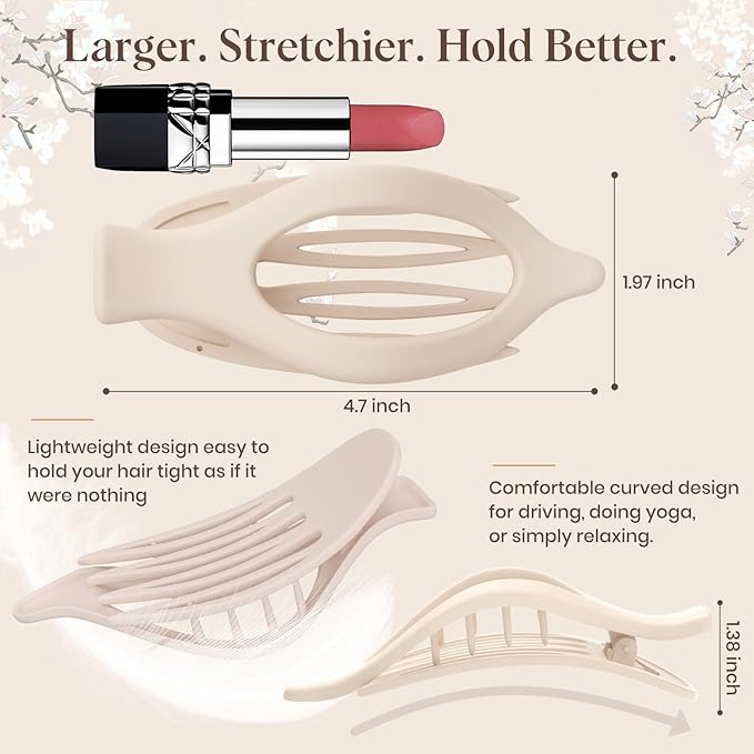 4 PCS Large Flat Hair Clips for Women Girls, French Concord Lay Down Flat Claw Clips for Thick Thin Hair, Comfortable Curved Flat Clip, Matte Non-slip Strong Hold Hair Accessories, Neutral