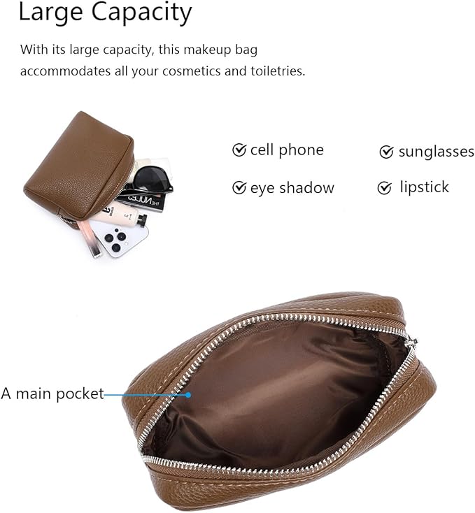 Makeup Bag Large Capacity Women's Classic Black Wash Bag Adjustable Partition Wash Brush and Cosmetic Carrying Bag (PU/Toffee Brown)