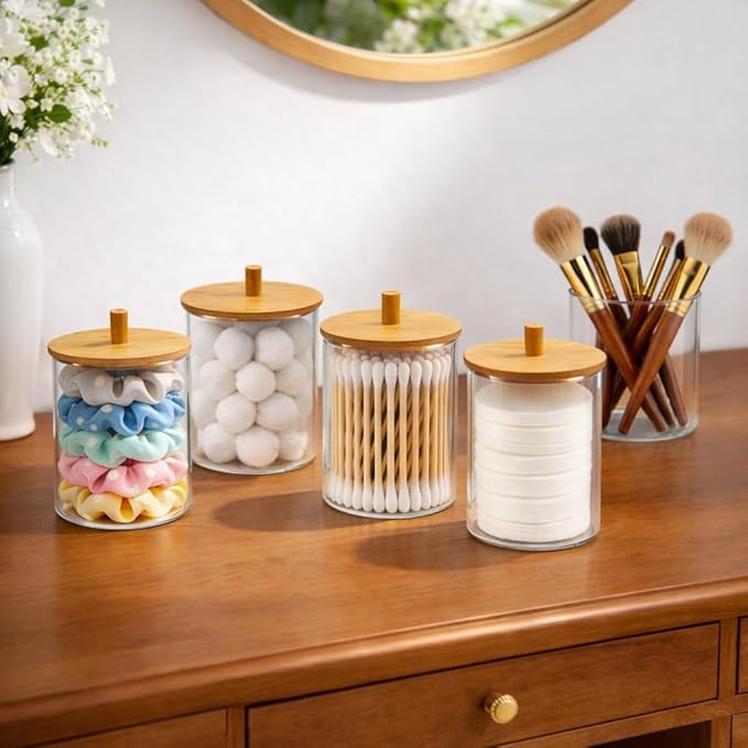 Glass Qtip Holder Dispenser Set - 10oz Cotton Swab Holder with Bamboo Lids, Bathroom Canisters Apothecary Jar Vanity Storage Organizer for Cotton Balls Pads, Floss Picks (2 Pack)