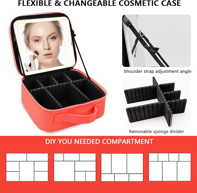 Travel Makeup Bag for Makeup Artists Large Makeup Case,with Mirror 3 Color Setting and Detachable 10x Magnifying Mirror Travel Makeup Bag,Portable Storage and Adjustable Dividers（red）
