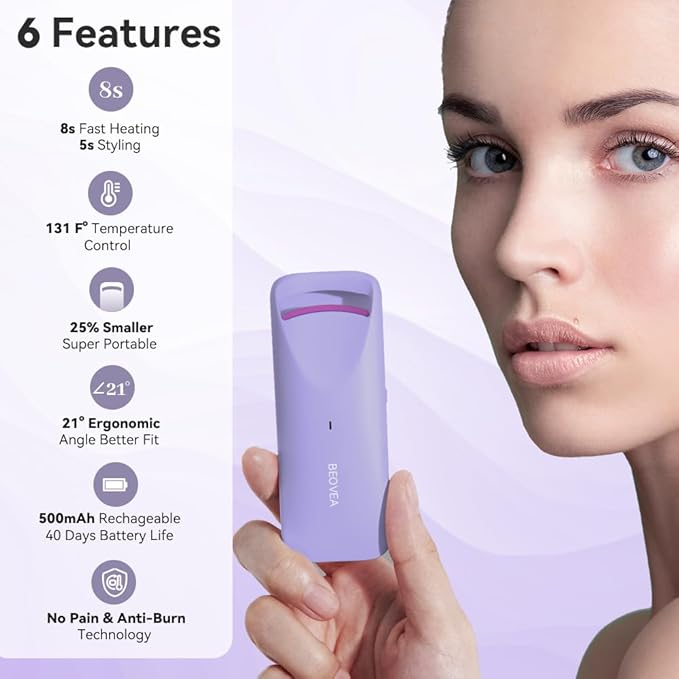 Heated Eyelash Curler - Travel Electric Lash Curler with Heat Sensitive Silicone Pad Fast Heat up whin 8s 24hrs Long Lasting Mini Size Rechargeable to Style Natural Eyelashes