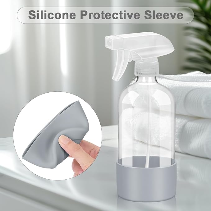 Worldgsb 2 Pack Glass Spray Bottles with Silicone Sleeve, 16 oz Empty Refillable Containers with Adjustable Spray Nozzles, Spray Bottles for Hair, Cleaning Solutions and Plants