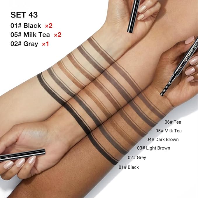 5 Pcs Dual-Sided Auto-rotate Ultra-Fine Tip Eye Brow Pencils Pack,Draws Tiny Precise Brow Makeup, Defines, Fills Brows, Shapes, Contours, Combs, ‌1mm Pen Point (2*Black+2*Tea+Gray)