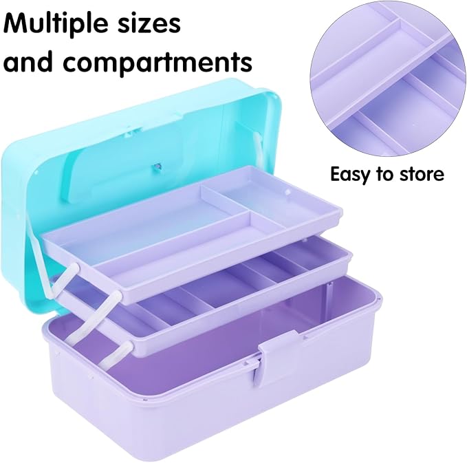 OUTUXED 12.5inch 3-Layer Multipurpose Craft Organizers, Portable Folding Toolbox, Plastic Tool Box with Handle for Sewing Supplies, Medicine, Art Supplies, Nails and Hair Accessories