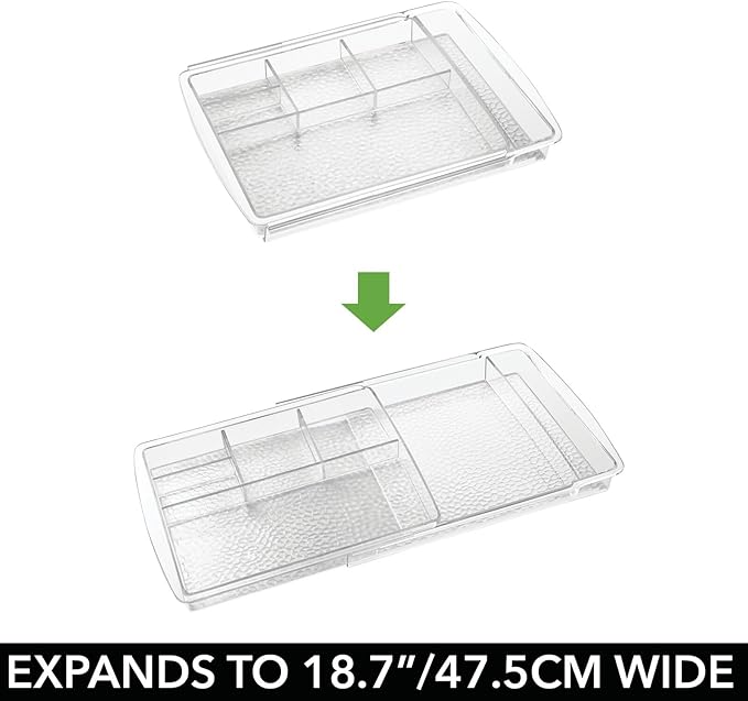 mDesign Expandable Makeup Organizer for Bathroom Drawers, Vanities, Countertops: Organize Makeup Brushes, Eyeshadow Palettes, Lipstick, Lip Gloss, Blush, Concealer - Adjustable Width - Clear