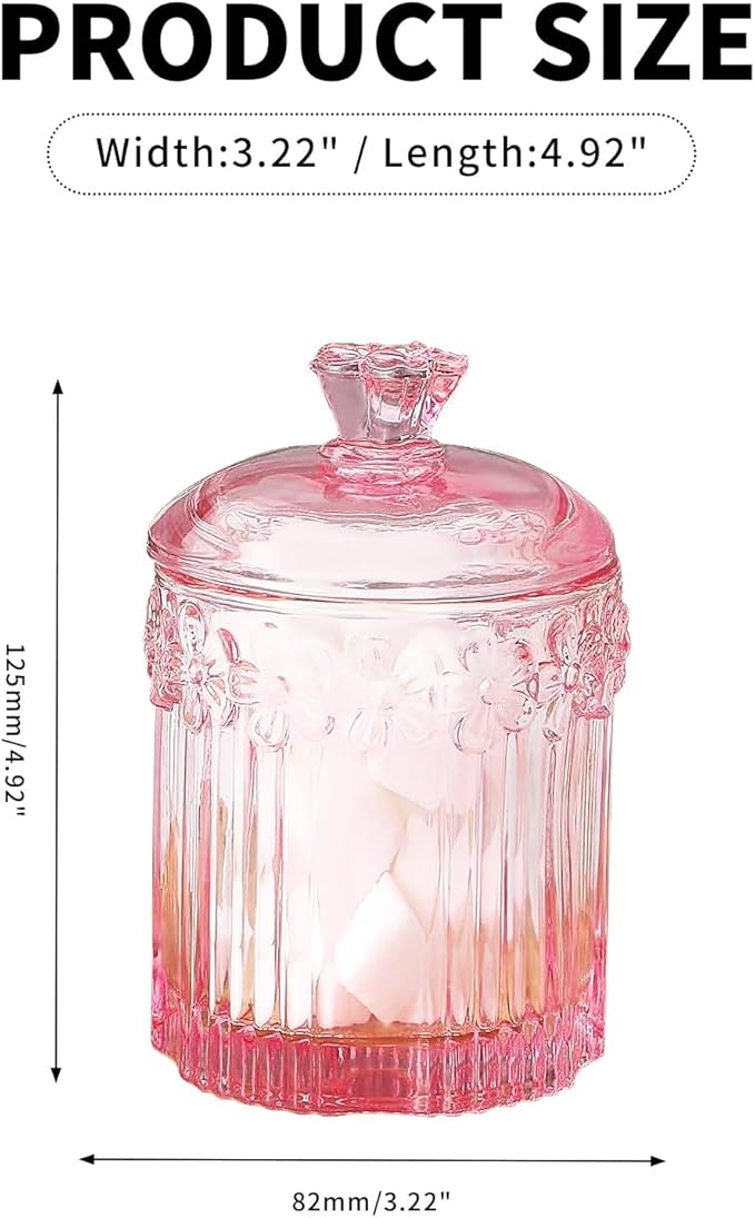 PENCK 2pcs Elegant Glass Qtip Holder Cute Apothecary Jars with Lid Stylish Hair Ties Candy Jar Bathroom Canister Essentials Accessories Decor Makeup Storage Organizer for Cotton Swabs, Balls (Pink)