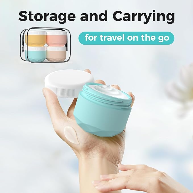 Travel Containers for Toiletries, 4-Pack TSA Approved Silicone Jars (1.7oz) - BPA Free Leakproof Cosmetic Containers for Creams, Lotion, Skincare & Makeup with Bonus Waterproof Bag