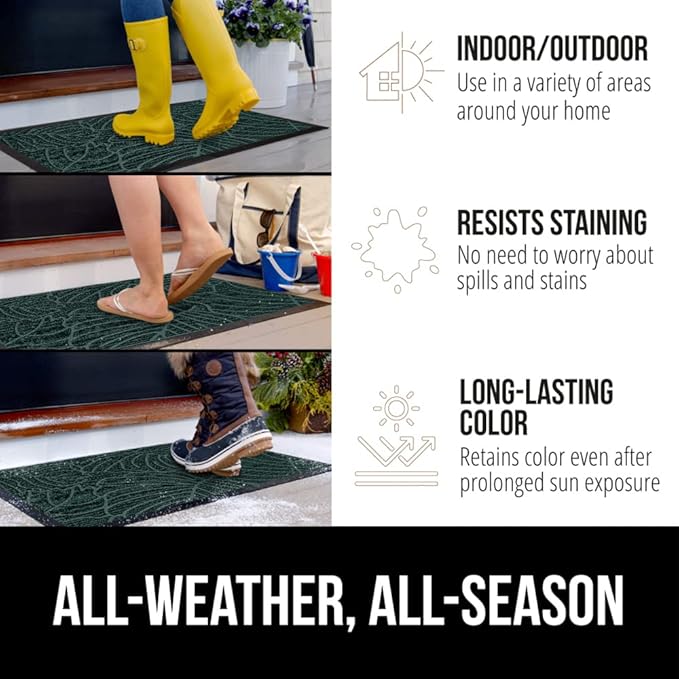 GORILLA GRIP 100% Waterproof All-Season WeatherMax Doormat, 60x24, US Designed Natural Rubber, Stain and Fade Resistant, Low Profile Indoor Outdoor Door Mats, Easy Clean Patio Mat, Green Palm