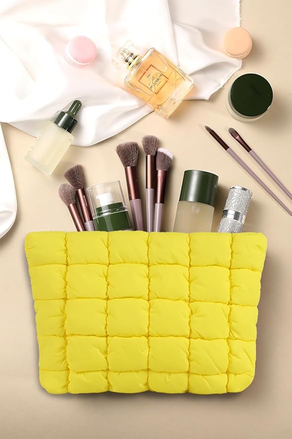 Puffy Quilted Makeup Bag, Cosmetic Bag, Travel Toiletry Organizer Pouch, Clutch for Women (Yellow)