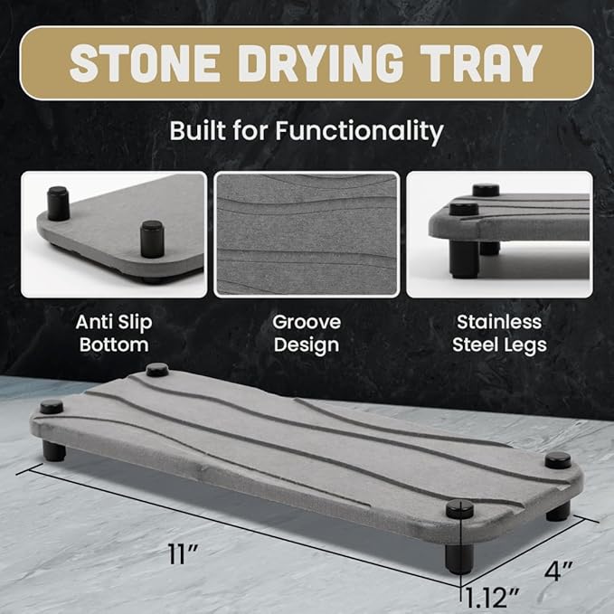 2pc Stone Drying Tray - Diatomite Sink Caddy Kitchen Sink Organizer - Water Absorbing Bathroom Counter - Absorbent Kitchen Soap Tray (Gray)