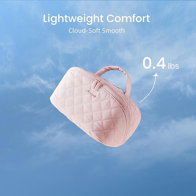 LOVEVOOK Travel Makeup Bag for Women, 2Pcs Puffer Waterproof Cosmetic Organizer, Large Capacity Pouch Open Flat Small Toiletry Bag with Brush Compartment & Handle (Pink-Checkered, Medium)