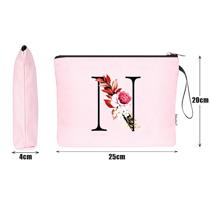 Vavabox A-Z Personalized Makeup Bag, Birthday Gifts for Women Mom, Gifts for Best Friend, Bride Bridesmaid Cosmetic bag (N, Pink)