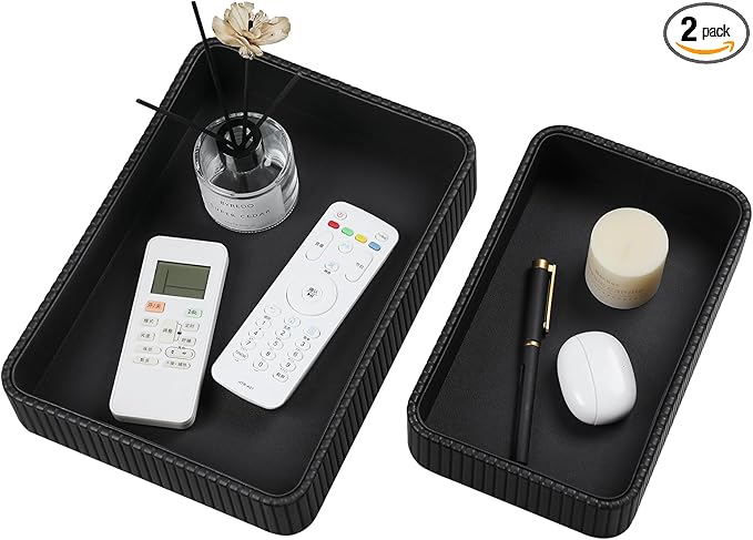 2 Pack Nightstand Organizer Tray, Decorative Perfume Valet Tray Trinket Dish Catch All Purse Key Bowl, PU Leather Coffee Table Trays for Vanity Dresser Bedside Bathroom Countertop (Black)