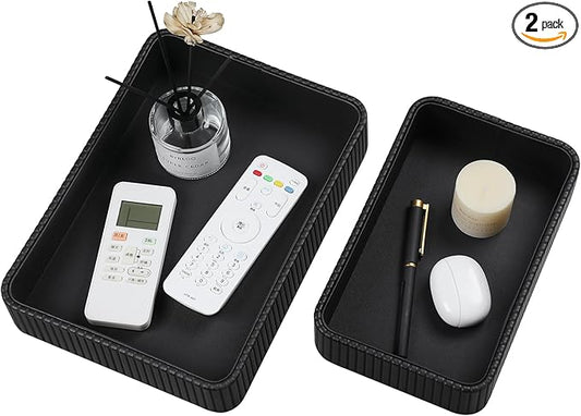 2 Pack Nightstand Organizer Tray, Decorative Perfume Valet Tray Trinket Dish Catch All Purse Key Bowl, PU Leather Coffee Table Trays for Vanity Dresser Bedside Bathroom Countertop (Black)
