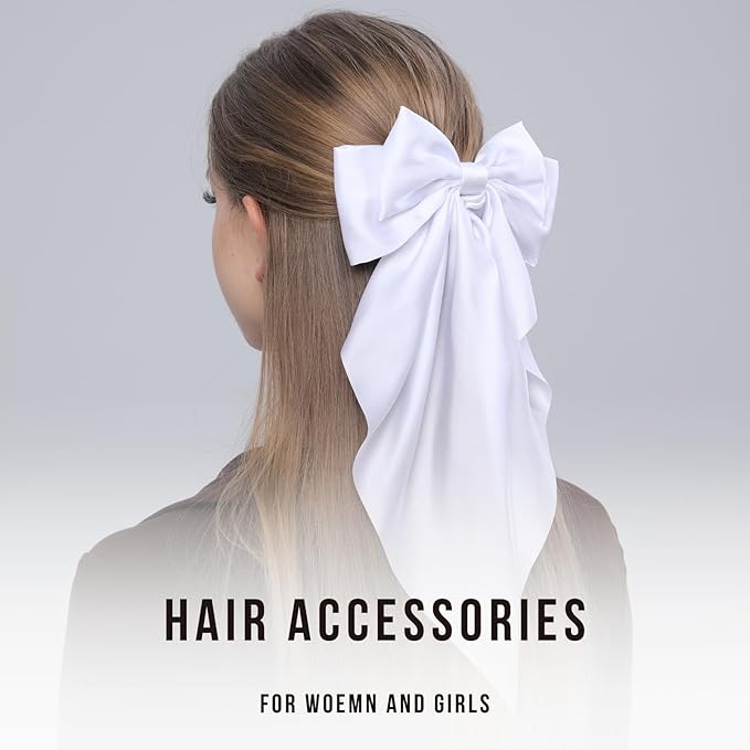 2PCS Big Hair Bow Clips for Women Girls – Black & White Ribbon Bow Barrettes with Long Tails, Large Satin Hair Accessories for Ponytail, Party, Wedding, Daily Styling