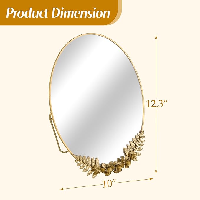 Golden Desk Oval Makeup Mirror with Blossoming Floral Accents – Lightweight Decorative Tabletop Vanity Mirror for Living Room, Bedroom, 10.04 x 11.81 Inches