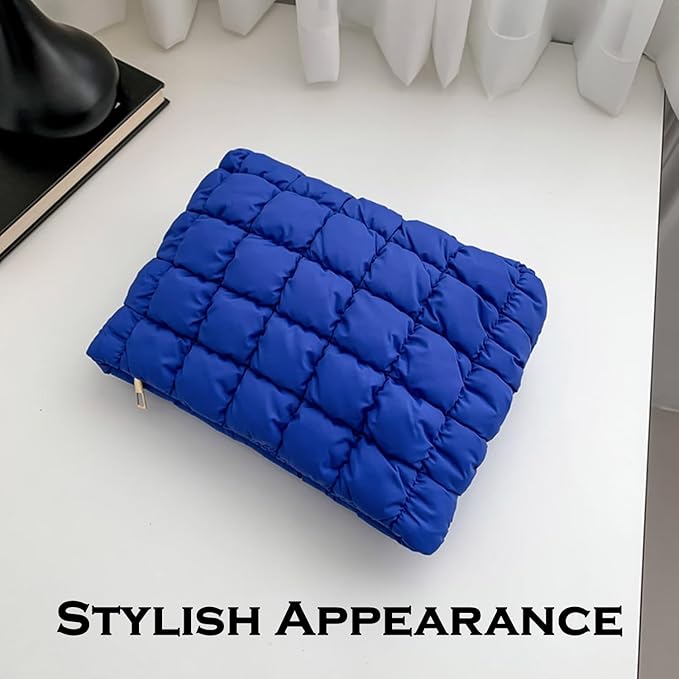 Puffy Quilted Makeup Bag for Women, Cosmetic Bag, Travel Toiletry Organizer Pouch Clutch (blue)