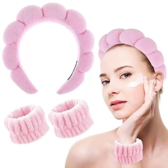 Spa Headband and Wristband Set for Women,Terry Cloth Sponge Headband for Washing Face,Makeup,Facial Mask and Skincare (Pink (4pcs), One Size)
