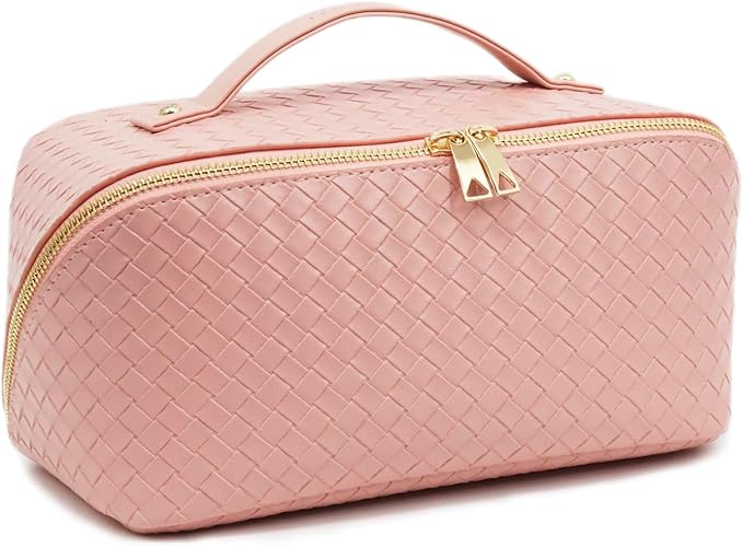 JINYIBAGS Travel Makeup Bag – Large Cosmetic Organizer with Waterproof PU Leather, Smooth Double Zipper & Tear-Resistant Lining, Toiletry Pouch for Women (Pink)