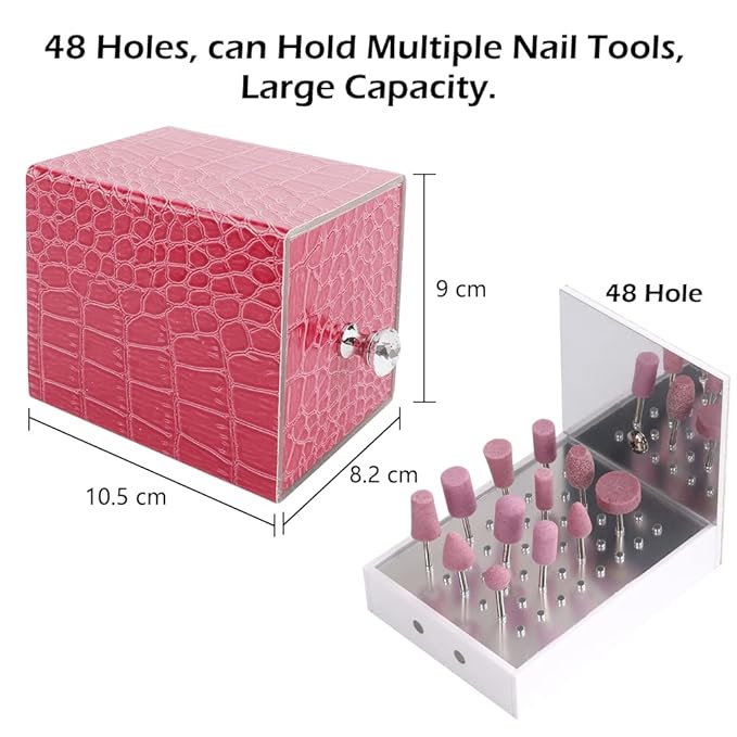 Nail Drill Bit Holder,Blue UV Light Box for Grinding Heads Dustproof Stand Displayer Acrylic 48 Holes Nail Salon Organizers Manicure Tools with USB Charging, Pink (Not Inlcude Drill Bits)