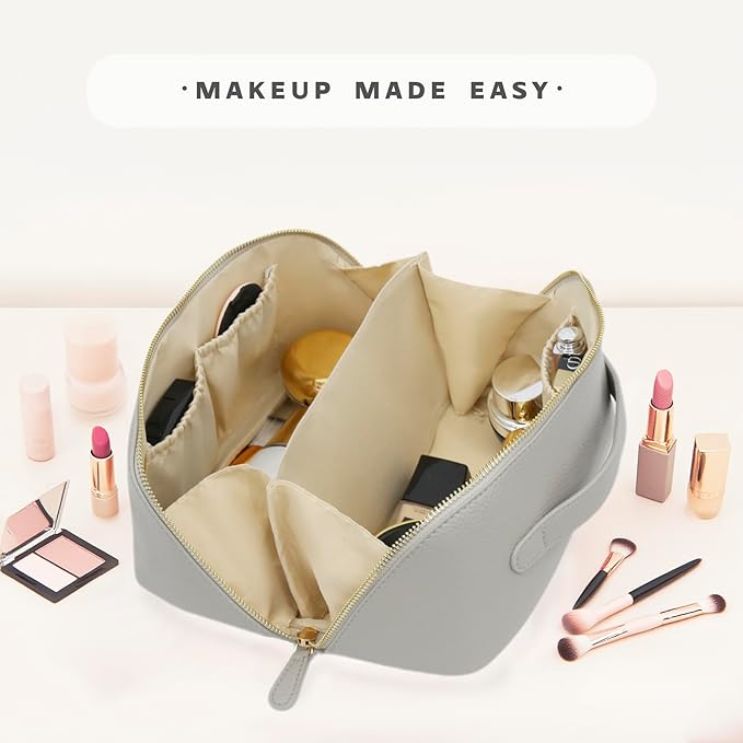 JINYIBAGS Travel Makeup Bag – Large Cosmetic Organizer with Waterproof PU Leather, Smooth Double Zipper & Tear-Resistant Lining, Toiletry Pouch for Women (Grey)