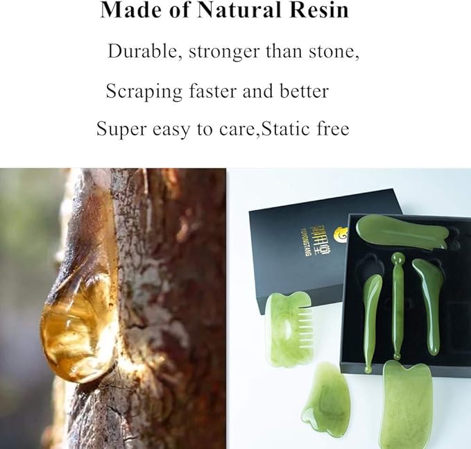 YUYONGTANG 7 Pieces Gua Sha Scraping Massage Tool,Natural Resin GuaSha Tool Massage Tools Set for Face Back and Neck Release,Reduce Muscle Pain,with Storage Bag (Green)