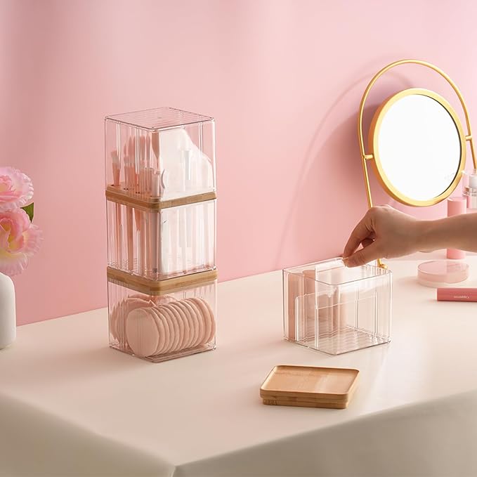 Makeup Brush Holder Comb with Cover Makeup Containers Organizers Set Makeup Holder Box Cosmetic Case With Lid Waterproof Dustproof Beauty Skincare Organizer Bathroom Vanity Countertop,Gift,Clear，3PCS