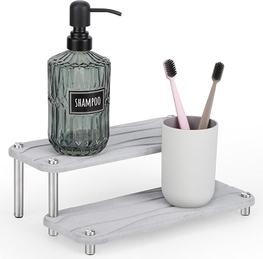 Segbeauty 2 Tier Quick Dry Diatomaceous Earth Stone Tray, 11x4.3in Water Absorbing Bathroom Tray Countertop Organizer Instant Drying Vanity Tray, Kitchen Counter Dish Soap Dispenser Rack Sponge Holder
