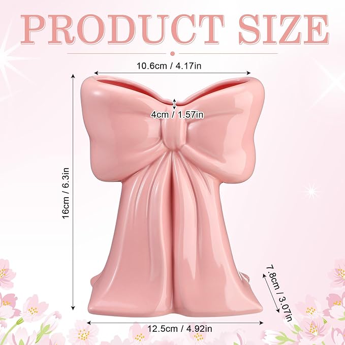 Bow Vase Coquette Ceramic Vase Pen Holder Makeup Brush Holder Contemporary Design Decorative Women Gift for Christmas Home Office Shelf Table Room(Soft Pink,Medium,Elegant)