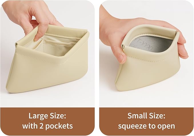 2 Pack Small Makeup Bag for Women, New Organosilicon Super Fiber Leather Mini Cosmetic Bag for Travel, Coin Purse Organizer Storage Pouch (Beige)